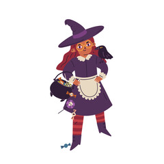 Girl in Halloween costume and witch hat. Cute kid disguised for October holiday, carnival party. Little child with Helloween cauldron. Flat graphic vector illustration isolated on white background