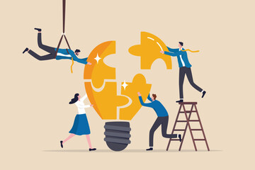 Team building, team collaboration for business idea, teamwork to solve problem, strategy plan to work together for success concept, businessmen and businesswomen team up to solve lightbulb jigsaw. - 527534012