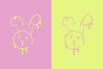 Trendy distorted melting bunny face collection. Perfect for T-shirt, print, poster, stationery. Hand drawn vector illustration for decor and design.