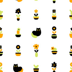 Nostalgic retro seamless pattern with simple flowers and cats. Perfect print for T-shirt, textile and fabric. Geometric vector illustration.