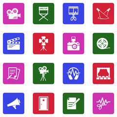 Film Production Icons. White Flat Design In Square. Vector Illustration.