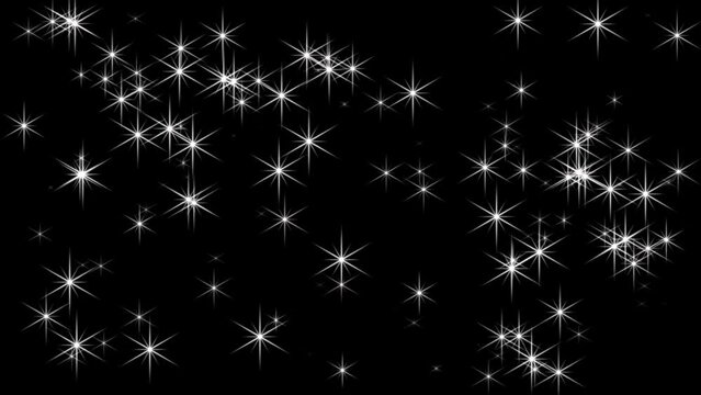 White flashing twinkling christmas stars. Isolated festive stars. Black background. 25 fps