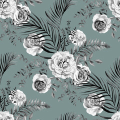 Seamless black and white watercolor pattern with flowers of delicate roses and dry branches and leaves of palm trees in Boho style drawn for summer clothing textile and surface design
