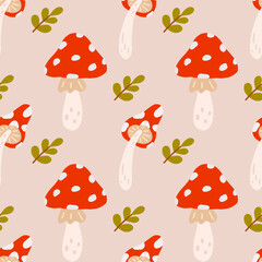 Toadstools in flat style, vector seamless pattern