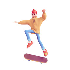 Young tall cute excited funny smiling сasual asian active red-haired guy wears fashion clothes yellow hoodie, blue jeans jump up in air on skateboard have fun joy. 3d render isolated on white backdrop © roman3d