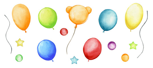 Fototapeta na wymiar balloons, different colors, painted in watercolor. Colorful objects, on an isolated background.