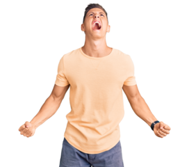 Young handsome man wearing casual clothes angry and mad screaming frustrated and furious, shouting with anger. rage and aggressive concept.