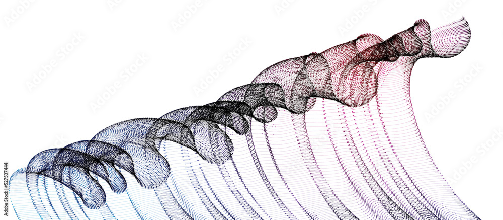 Poster wave of flowing particles modern relaxing illustration, transparent tulle textile on wind. round dot
