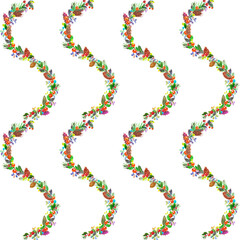 Watercolor colorful christmas pattern with squirrels, decorative leaves, cones and branches tree. With transparent layer