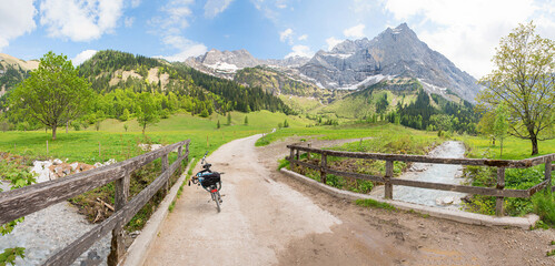 bike tour in idyllic landscape, engtal valley, Karwendel alps at springtime
