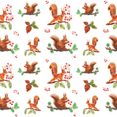 Watercolor colorful christmas pattern with squirrels, decorative  leaves, cones and  branches tree. With transparent layer.