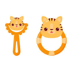 A baby rattle with a handle and a ring. A rattle with a cartoon tiger for kids. A gift for newborns.