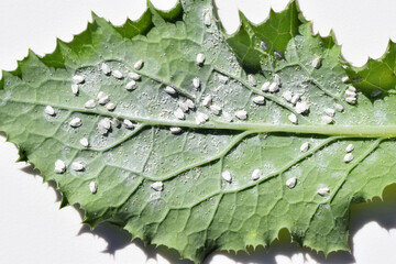 Whitefly, probably cabbage whitefly (Aleyrodes proletella) on the underside of thistle leaf. Pest...