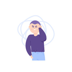 a man was disturbed and annoyed. the expression of people who are stressed, many thoughts, headaches, dizziness, frustration. impaired mental health. flat cartoon illustration. vector character design