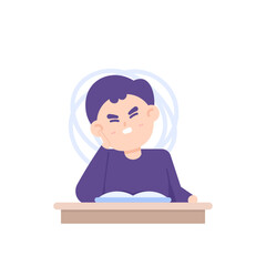 a boy who is disturbed so that he feels annoyed and can't focus on studying. a person's expression is resentful, disturbed, headache, dizzy, and difficult to concentrate. read a book. illustration