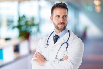 Male doctor portrait while standing at clinic