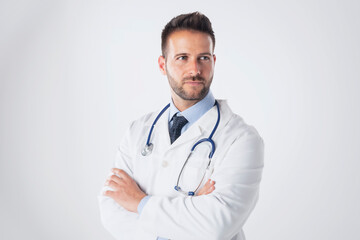 Careworn male doctor portrait while standing at isolated white background