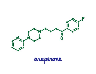 Azaperone hand drawn vector formula chemical structure lettering blue green