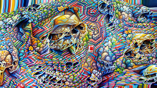 AI generated NFT crypto art of rainbow skulls and bones. Psychedelics digital image manipulation of an artificial intelligence.Cyberart travel into the mind concept.