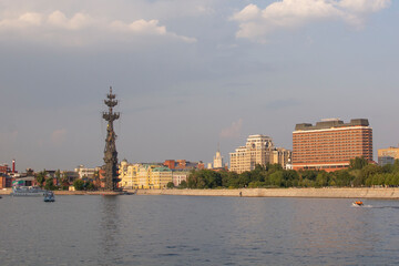 Fototapeta na wymiar Moscow, Russia - August 25, 2022: View of the Monument to Peter the Great of the Moscow River and the bypass channel on a summer day