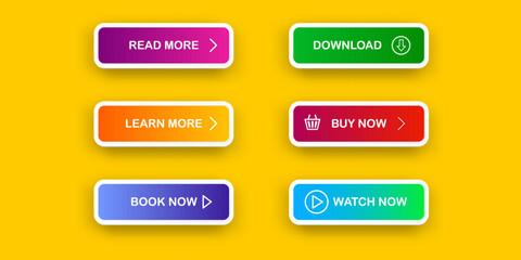 Vector Modern material style buttons set isolated on orange background. Read more, buy now, download, book now, watch now buttons collection with gradient colors and icons with shadows.