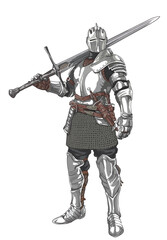 Drawing medieval knight armor, long sword, full metal, art.illustration, vector - obrazy, fototapety, plakaty