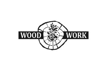 Wood work lumberjack logo design stump logging tree icon symbol carpenter sawmill oak tree - obrazy, fototapety, plakaty