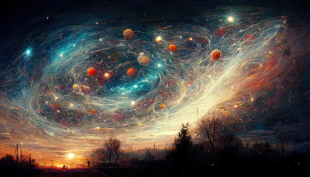 Abstract futuristic AI illustration painting of landscape with planets, galaxies, stars and cosmos sky apocalyptic fantasy sci-fi nature scene with tree silhouettes and night/evening sky