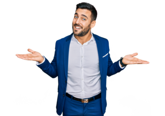 Young hispanic man wearing business jacket smiling showing both hands open palms, presenting and advertising comparison and balance