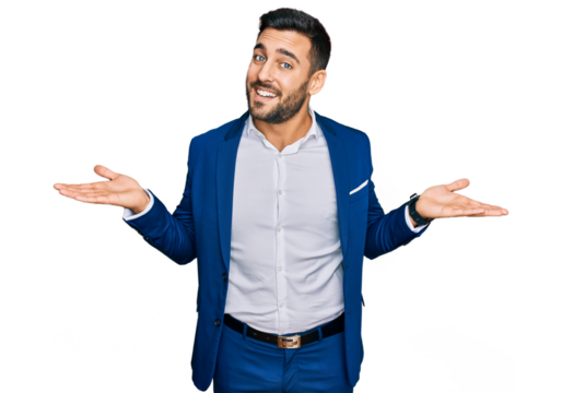 Young hispanic man wearing business jacket smiling showing both hands open palms, presenting and advertising comparison and balance