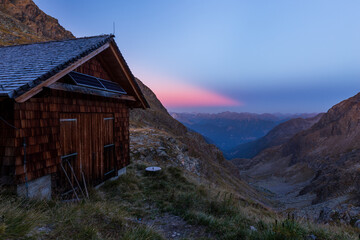 Super colorful sunset in the Alpine hut