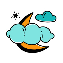 Moon in the clouds Halloween concept doodle style vector design illustration Isolated on white background