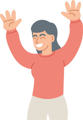 Naklejka premium Happy woman with hands up celebrating win or goal achievement. Flat Cartoon.