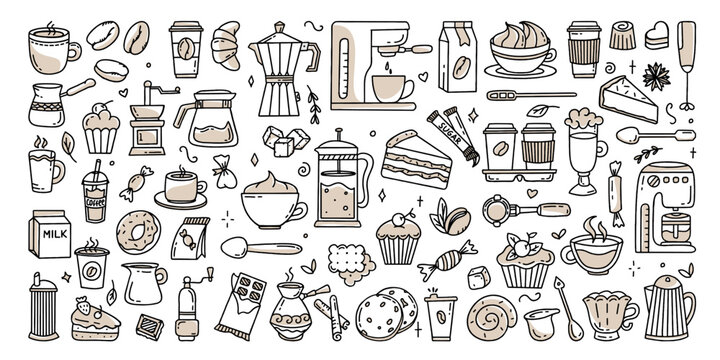 A large set of elements for a coffee shop To use for posters banners postcards and packaging design Vector illustration in the style of hand-drawn