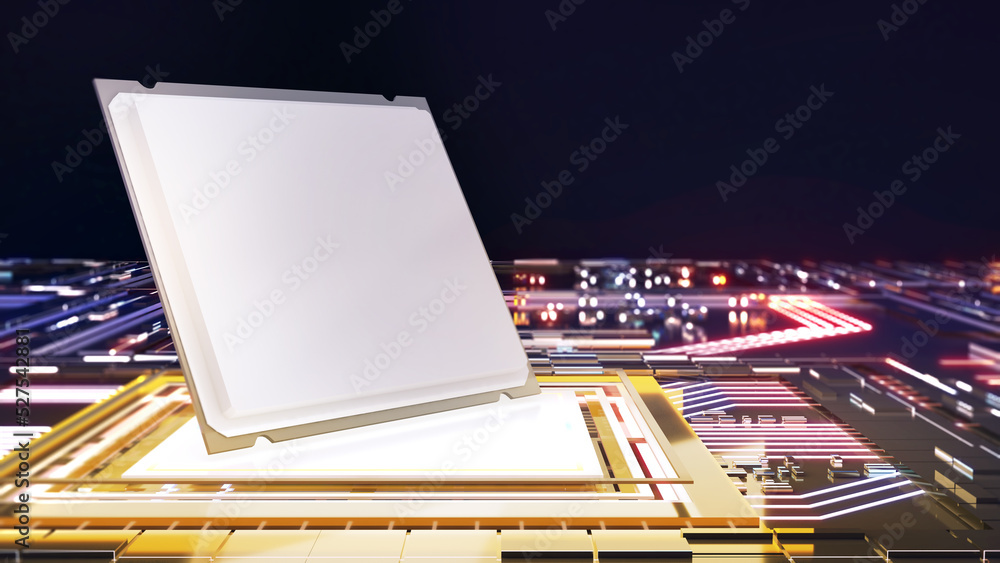 Poster mock up podium for cpu,square mock up stand on technology city background,3d rendering