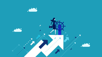 Good business direction. Businesswoman driving a flying arrow. vector illustration eps