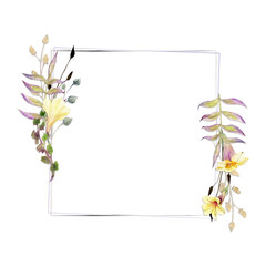 Watercolor frame arrangement with hand drawn autumn petunia and dahlia flowers, branches and leaves. Isolated on white background. Design for invitations, wedding, greeting cards, wallpaper, print