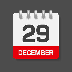 Icon day date 29 December, template calendar page