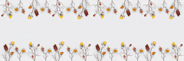 Creative autumn banner. Branches of trees with colorful autumn leaves on clothespins on gray background. Top view, Flat lay