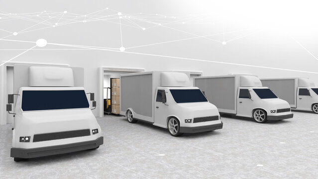 Cargo trucks waiting to be transported, cargo to trucks, land transport business, 3D rendering.