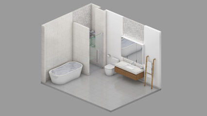 Isometric view of a bathroom,residential area, 3d rendering.