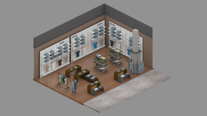Isometric view of a clothing store,shopping malls, 3d rendering.