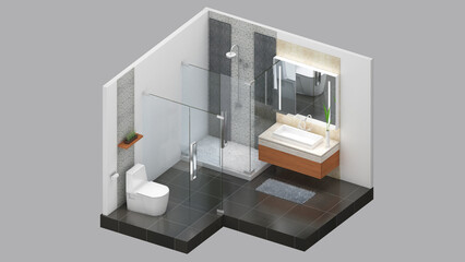 Isometric view of a bathroom,residential area, 3d rendering.