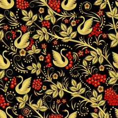Vector seamless pattern in traditional Russian style. Seamless pattern background with swans and Rowanberry for fabrics, wallpaper, interior, wall-coverings.