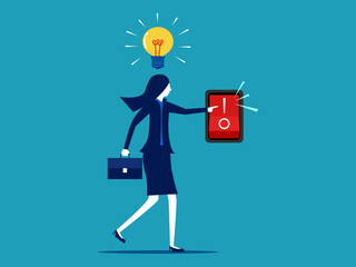 Discover new ideas. Businesswoman presses a button to turn on a light bulb on his head. vector illustration