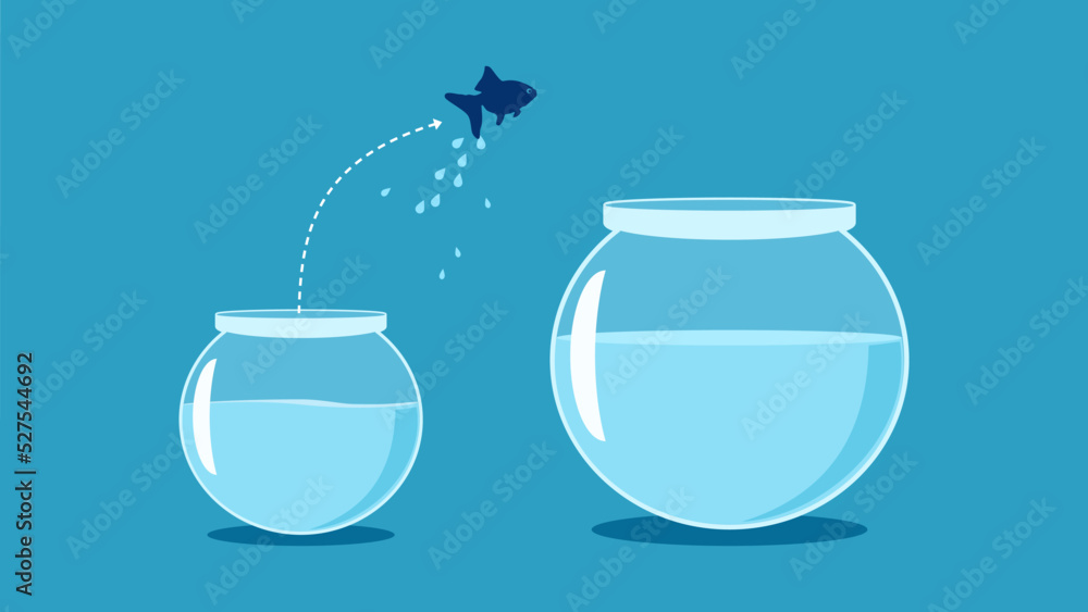 Wall mural Think big and ambitious. The fish jumped from the small fish bowl to the big fish bowl vector