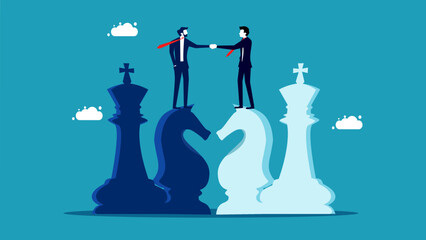 Negotiation strategy. Businessman shaking hands on a chess knight vector