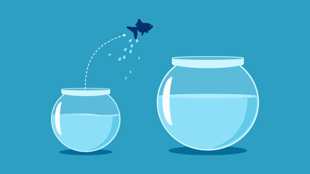 Think big and ambitious. The fish jumped from the small fish bowl to the big fish bowl vector
