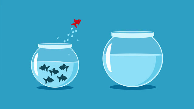 Think differently and ambitious. fish jumping out of the flock vector