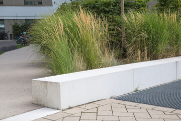 Modern garden design and landscaping: A white concrete block usable as bench decorated with easy-care pampas grass, trees and perennials marks the entrance to the courtyard of a residential building - Powered by Adobe
